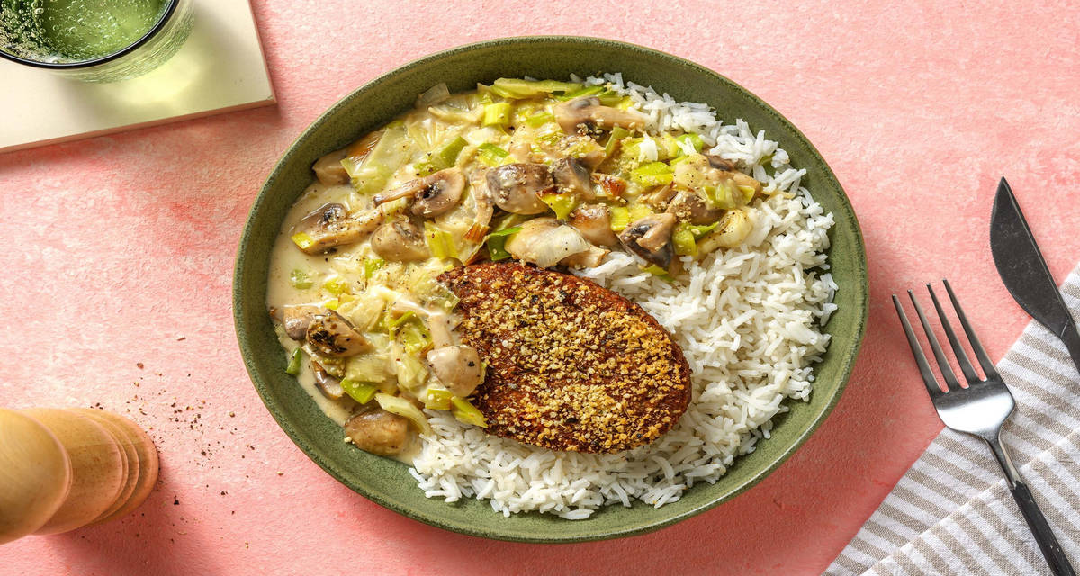 Galette d'épeautre & sauce forestière avec du riz & du poireau