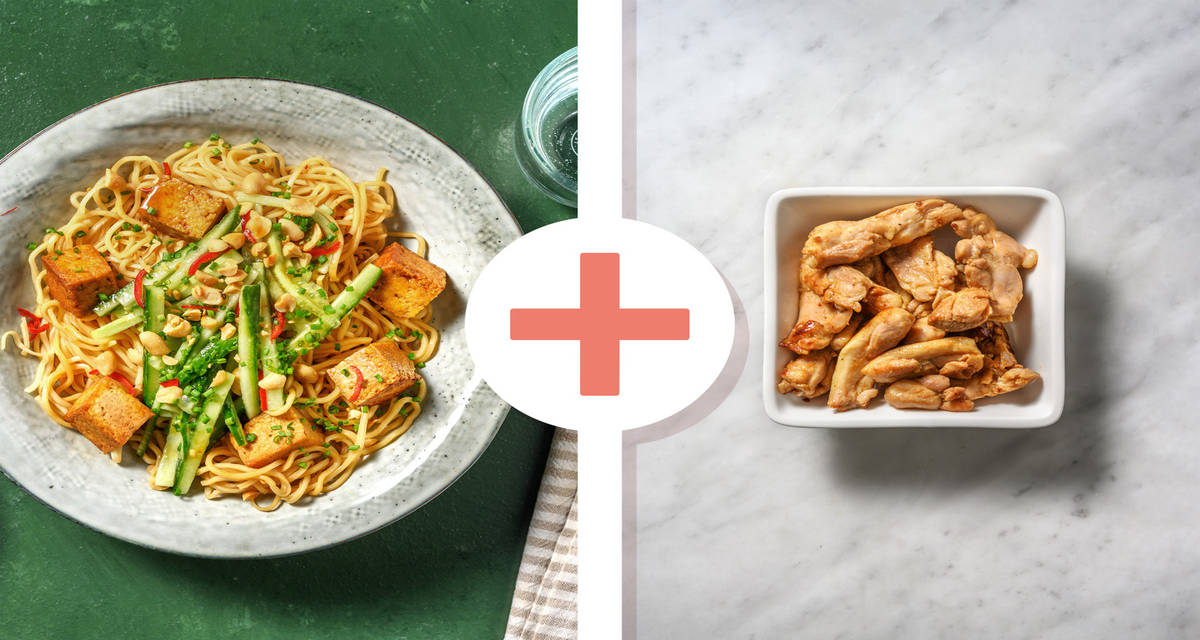 Noodles piccanti, tofu e pollo in agrodolce con arachidi tostate e zucchine allo zenzero