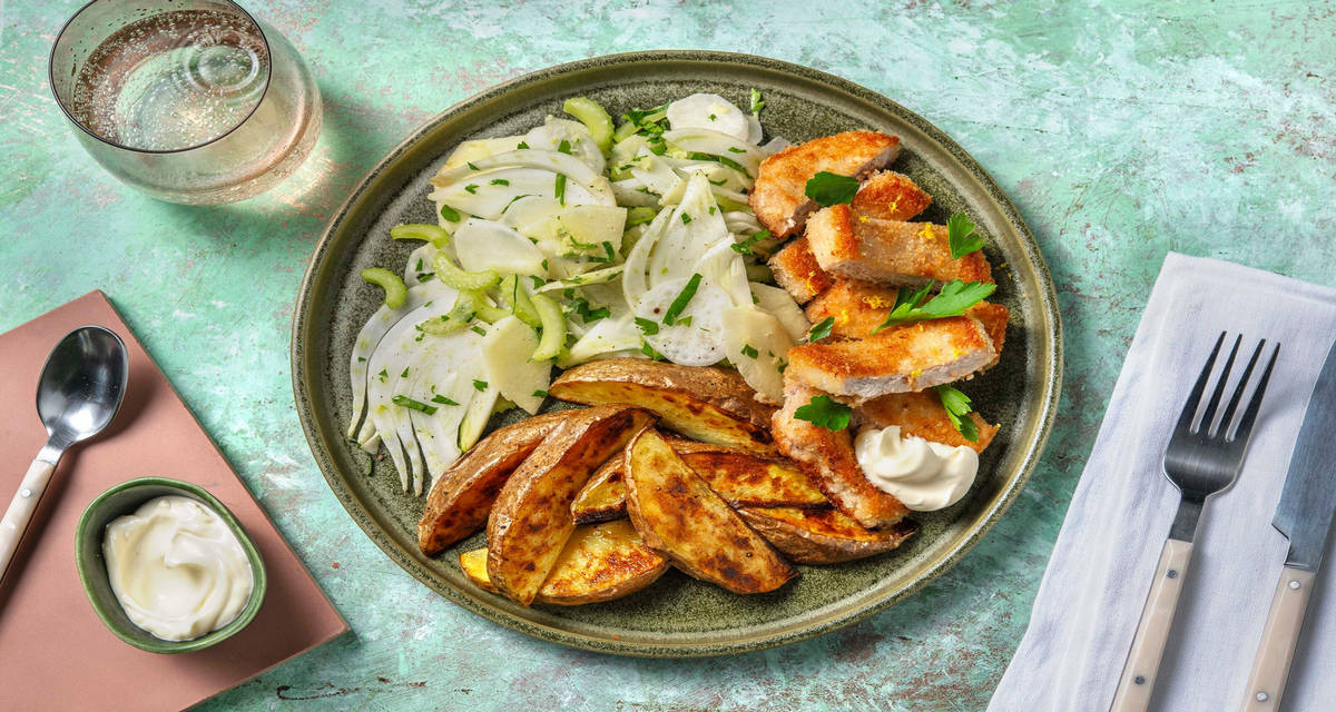 Mini cotolette di maiale Con insalata primavera allo zenzero, patate e salsa aioli