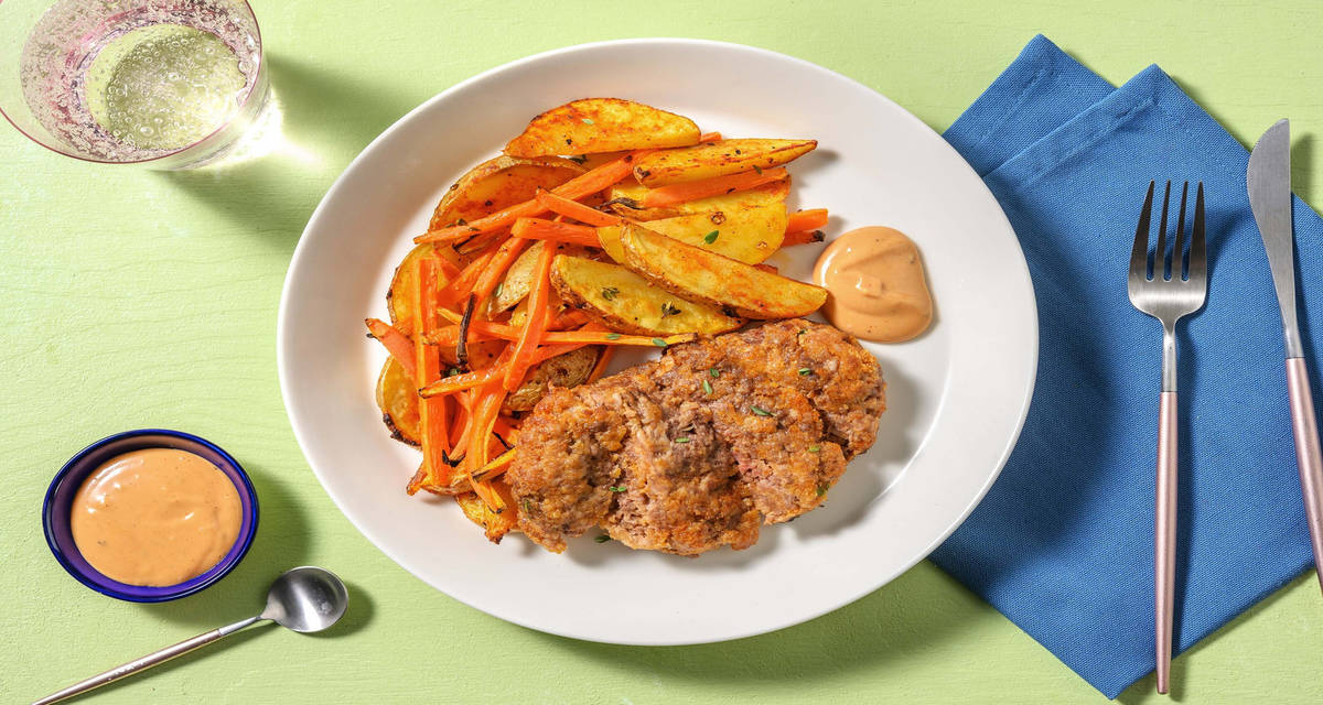 Polpettone glassato alla salsa BBQ con patate arrosto e carote al timo limonato