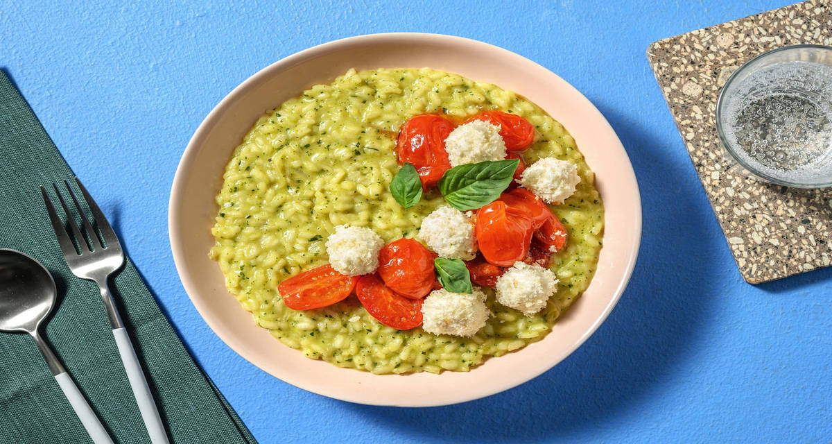Risotto alla crema di zucchine con pomodorini confit e polpettine di ricotta