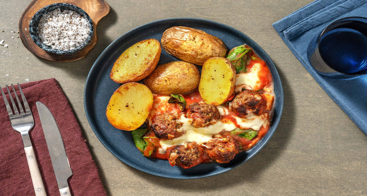 Zelfgemaakte gehaktballetjes uit de oven met mozzarella met tomatensaus, geroosterde aardappelen en spinazie