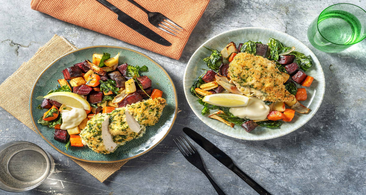 Gyldenstegt kylling Kiev med ovnbagte rodfrugter og mild aioli