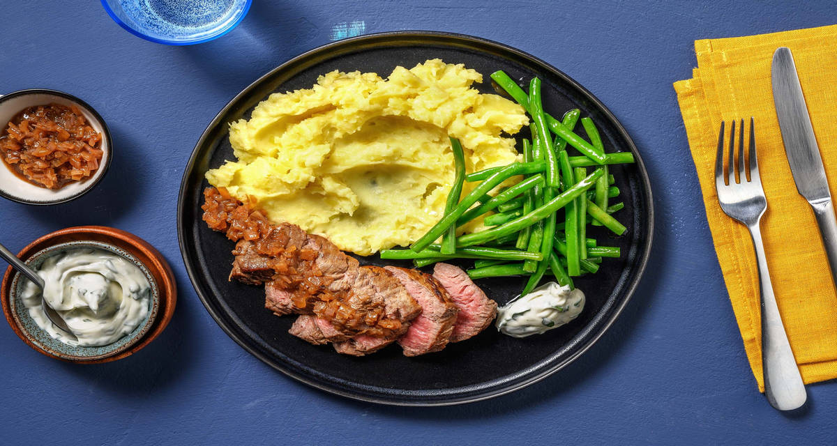Pavé de bœuf & mayo à l'estragon avec des haricots verts & une purée