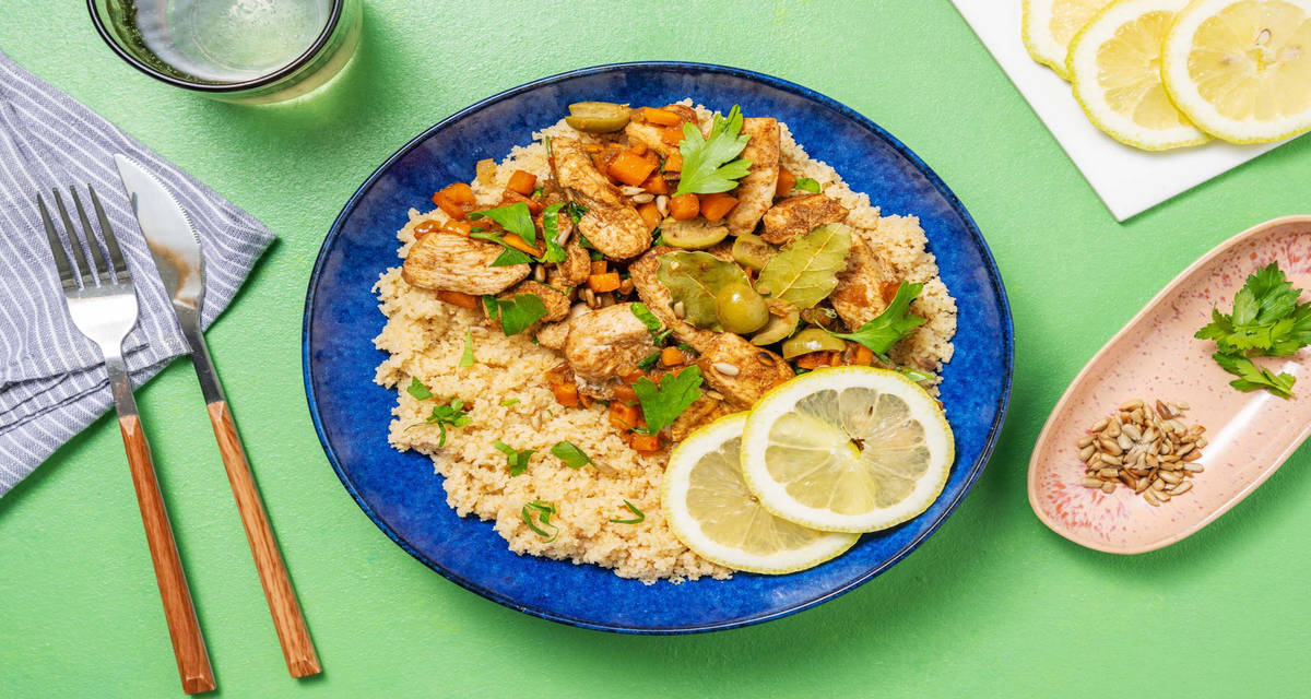 Pollo M'qalli con olive e limone couscous alla marocchina e semi di girasole