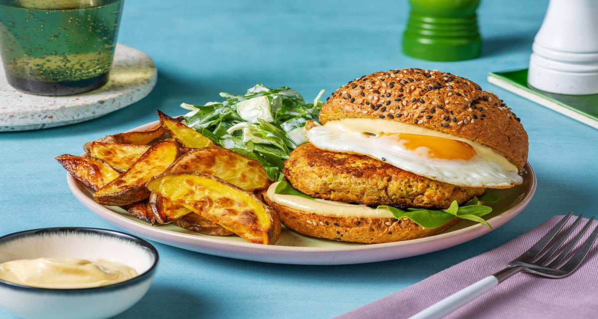 Boekoeloekoeburger op een wortelbroodje met aardappelpartjes, gebakken ei en komkommersalade