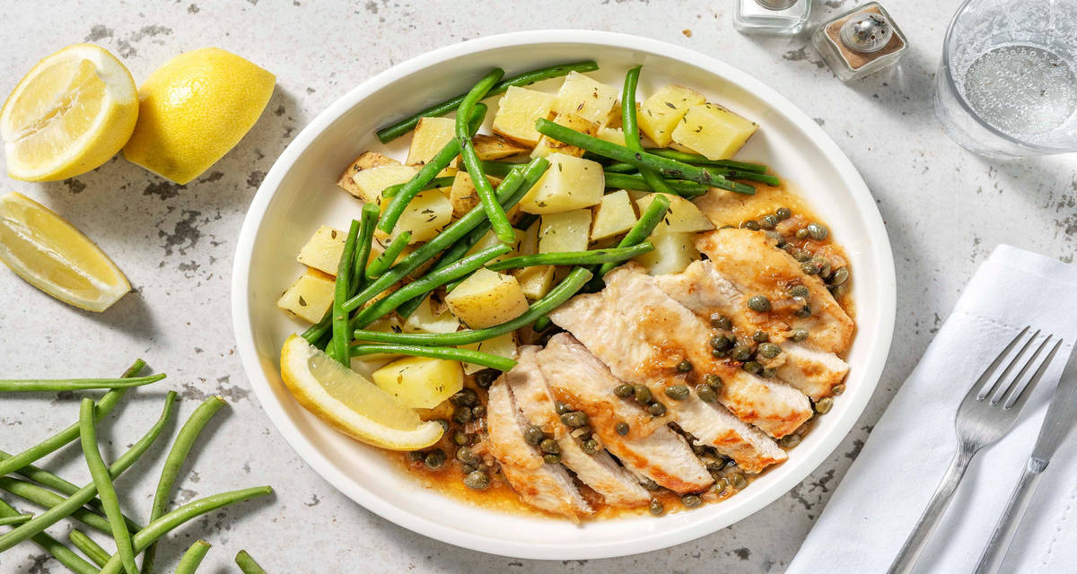 Piccata de poulet, sauce citron & câpres avec des haricots verts & des pommes de terre