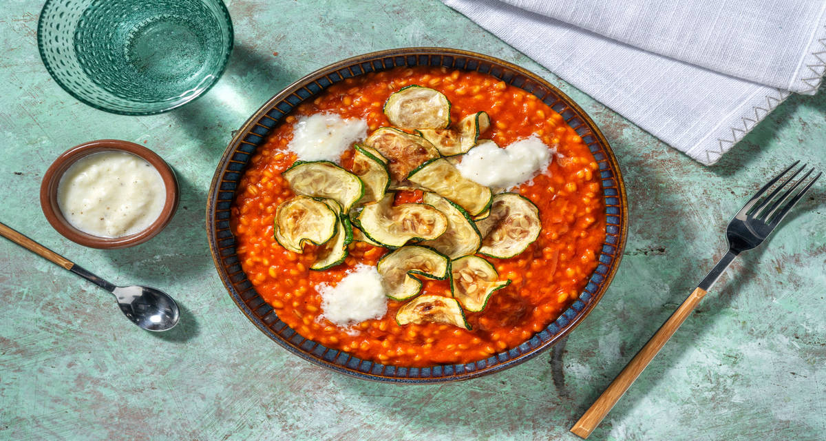 Orzotto al pomodoro, bufala Dop e mazzancolle con chips di zucchine fritte e scalogno