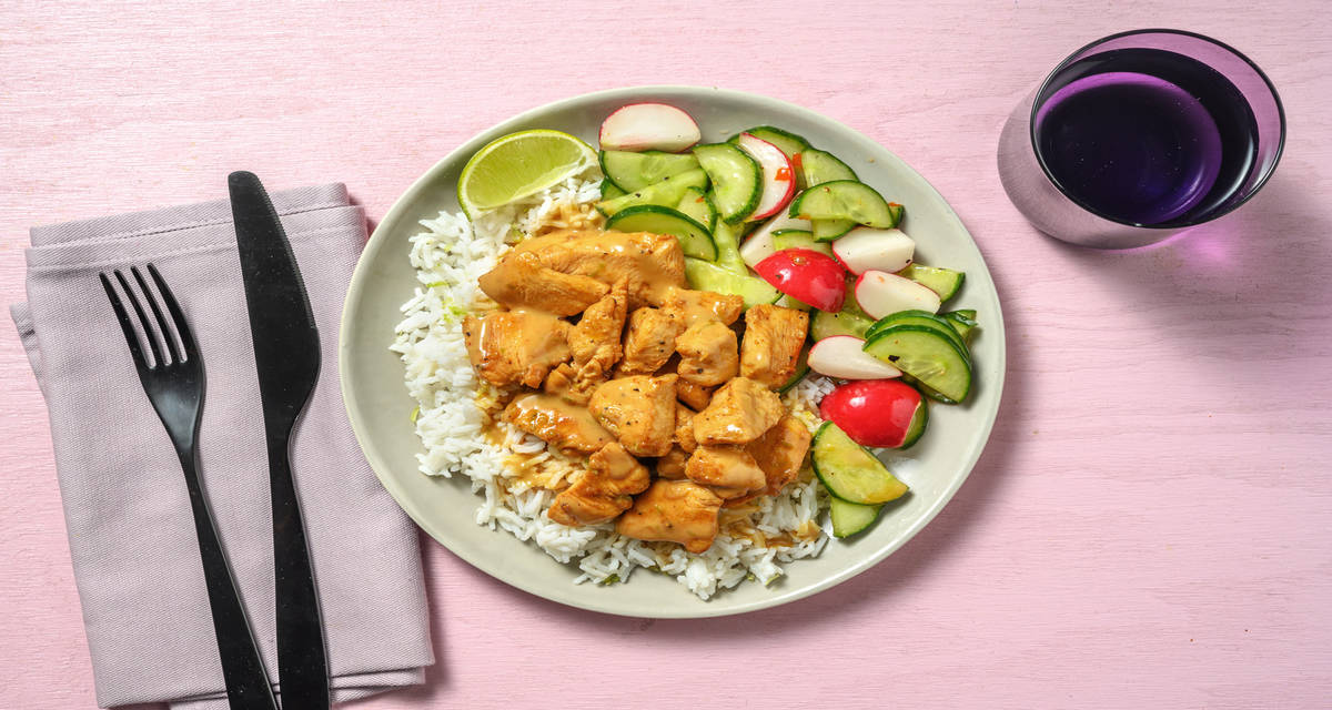 Poulet & sauce tahini-teriyaki riz au citron vert, salade en vinaigrette au chili doux