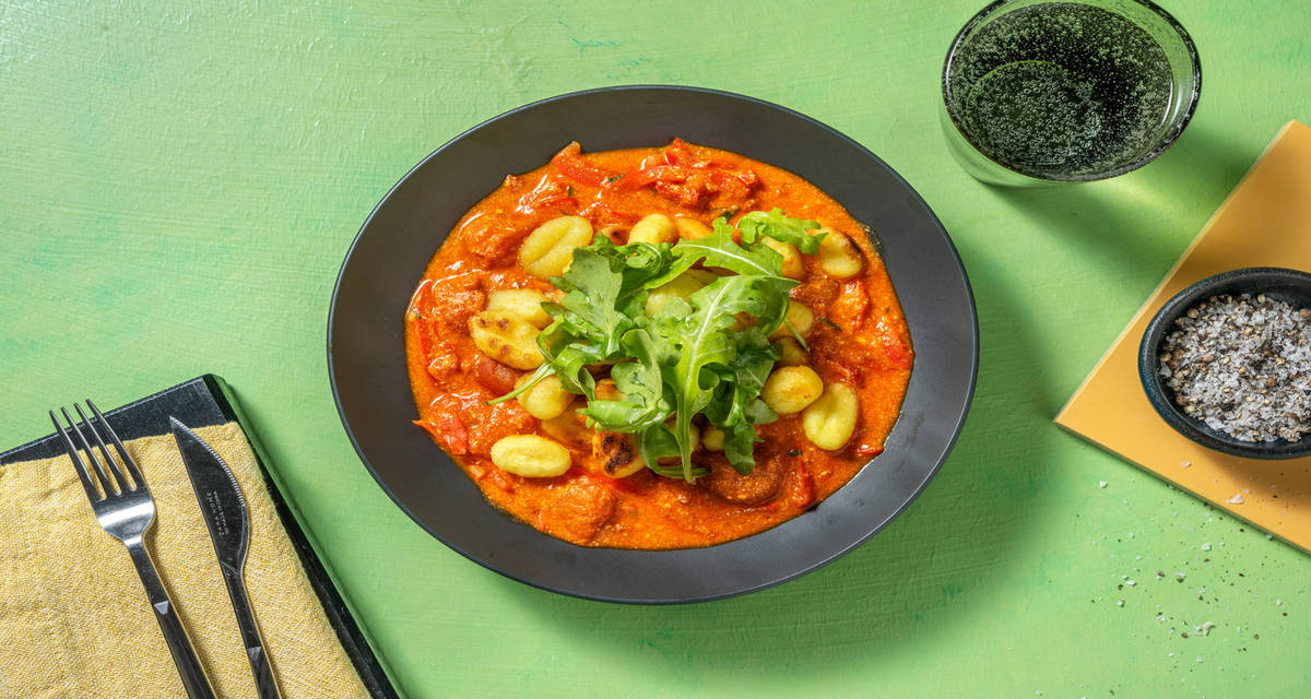 Gyldenstegt gnocchi i tomatsauce med Grana Padano, frisk basilikum og rucola