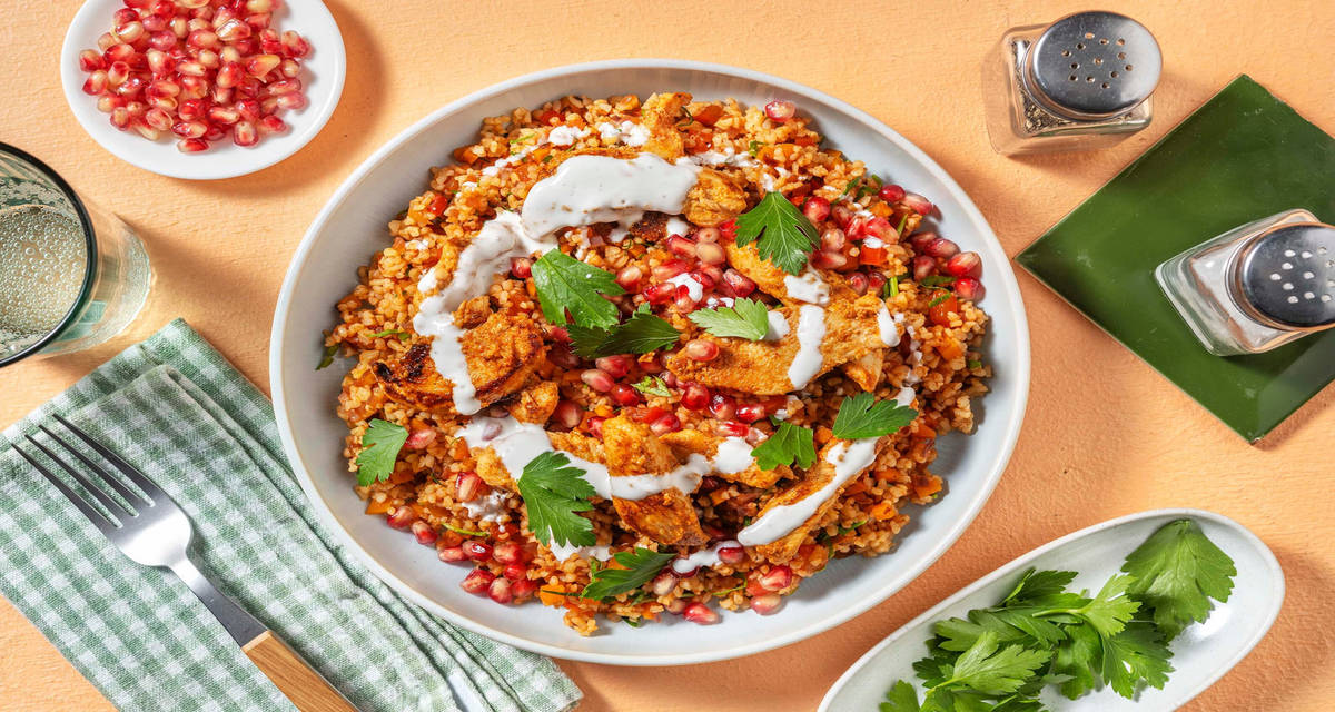 Tyrkisk kyllingebowl med persillebulgur og syrlig granatæble
