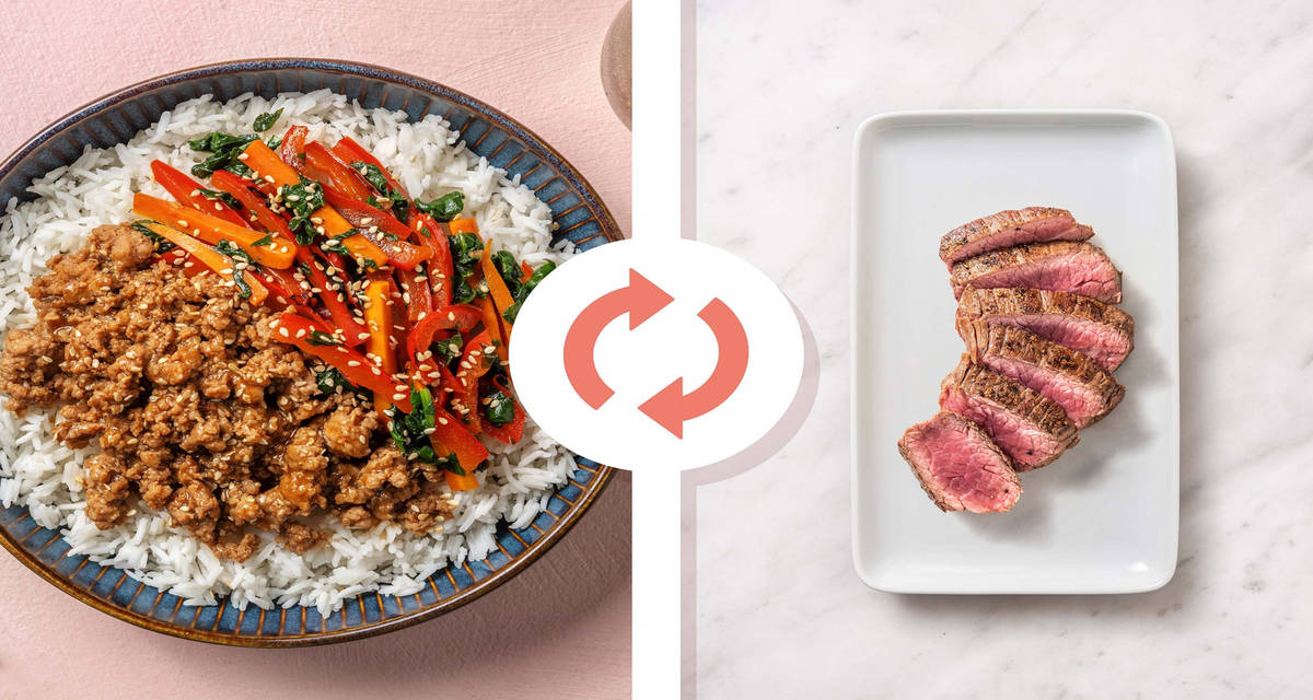 Bistecca di manzo in salsa dolce di soia con riso e wok di spinaci, carote e peperoni
