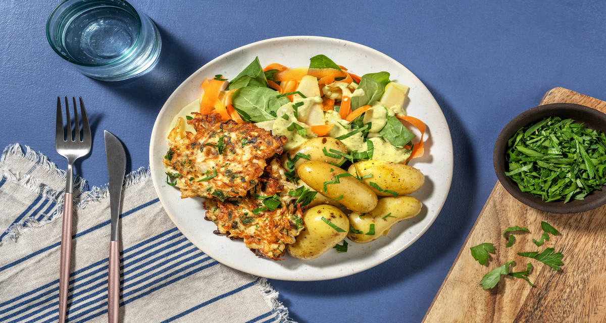 Pandestegte sellerifritters med Parmigiano Reggiano, æblesalat og cremet pestodressing