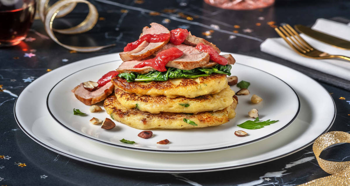 Lonza glassata con chutney di prugne pancake di patate e pancetta, spinacino e nocciole