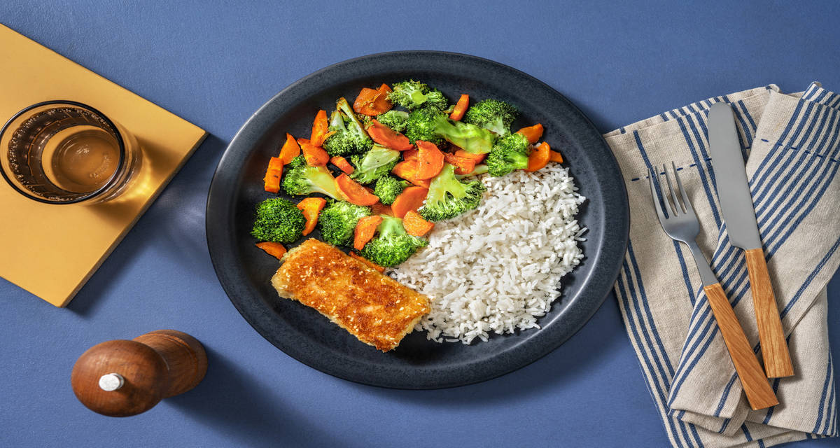 Cabillaud en croûte de sésame & riz basmati avec des légumes rôtis au miel & au soja