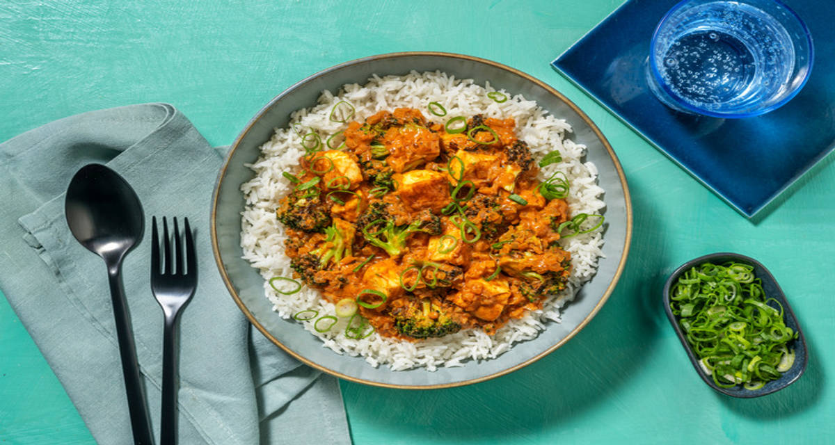 Creamy Paneer Curry with roasted broccoli and rice