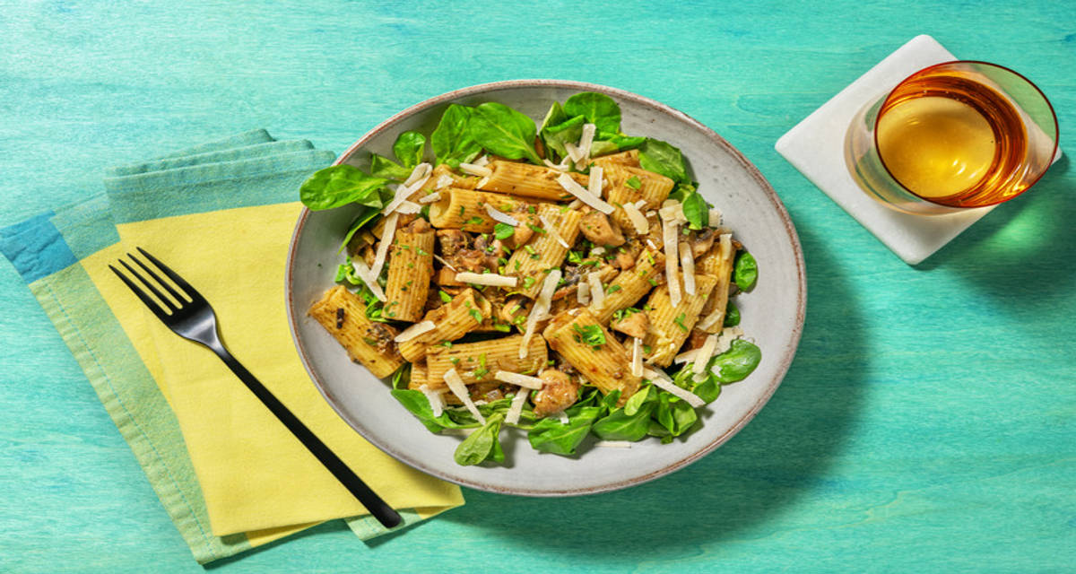 Mushroom Rigatoni with pesto sauce and side salad