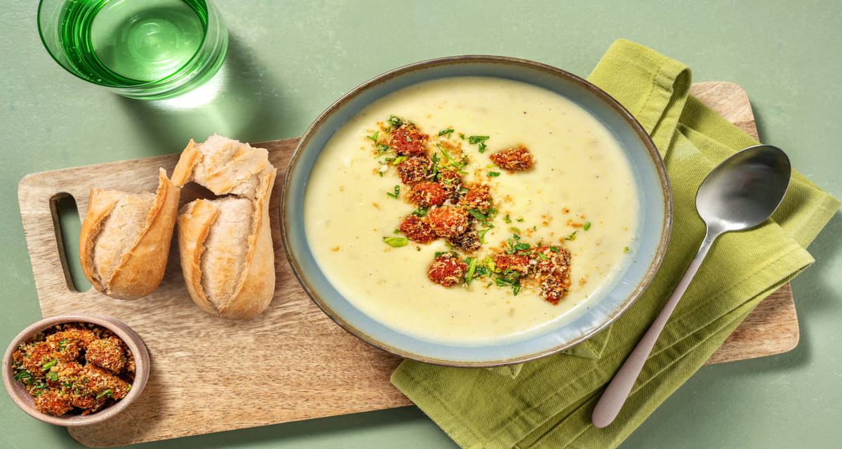 Chorizo Crumbed Leek and Potato Soup with warm baguette