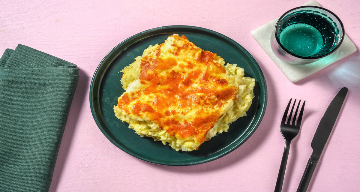 Pastel de bacalao y patatas con queso gratinado
