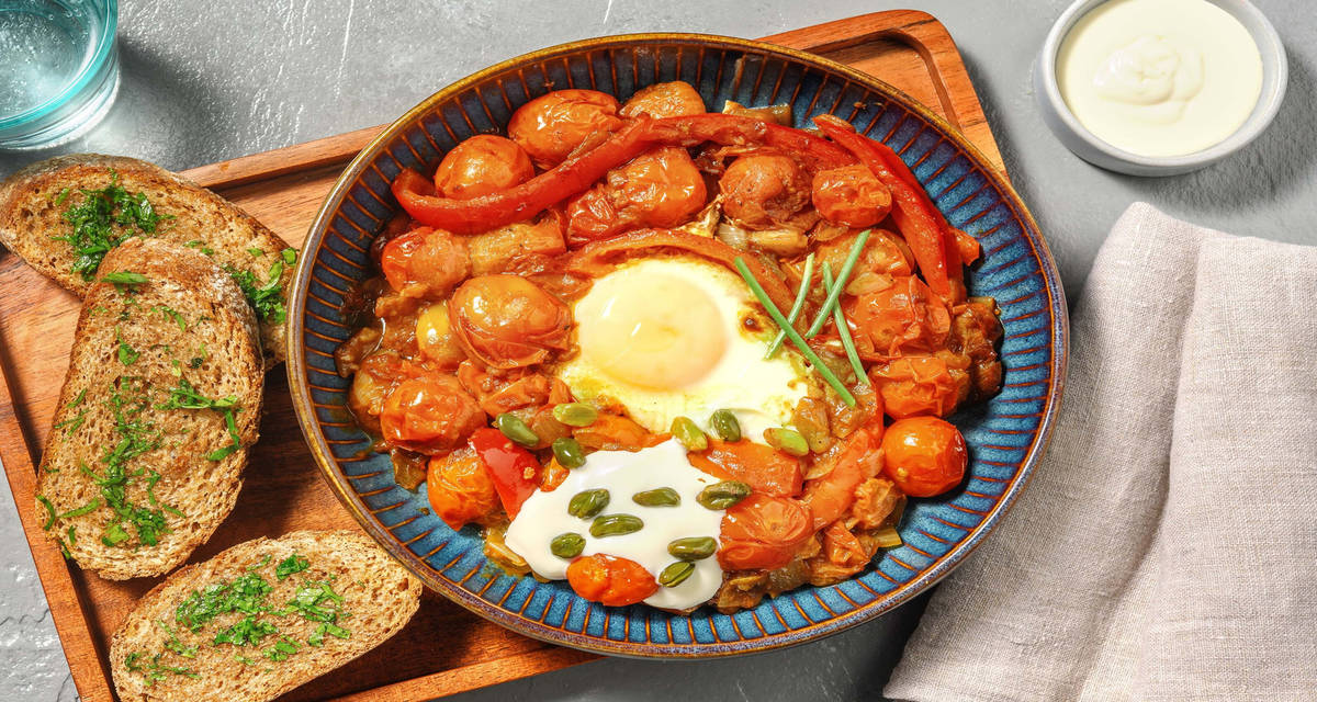 Shakshuka - zuppa speziata del Maghreb con peperoni, yogurt greco e uova