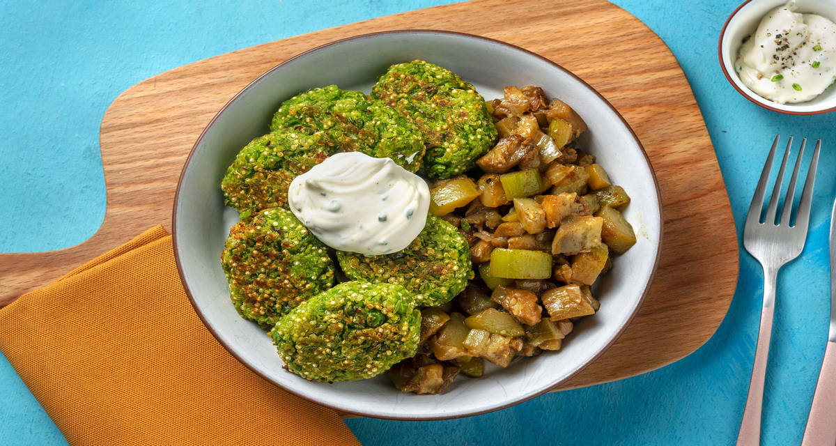 Polpette mediorientali di quinoa e piselli con ratatouille e maionese alle erbe