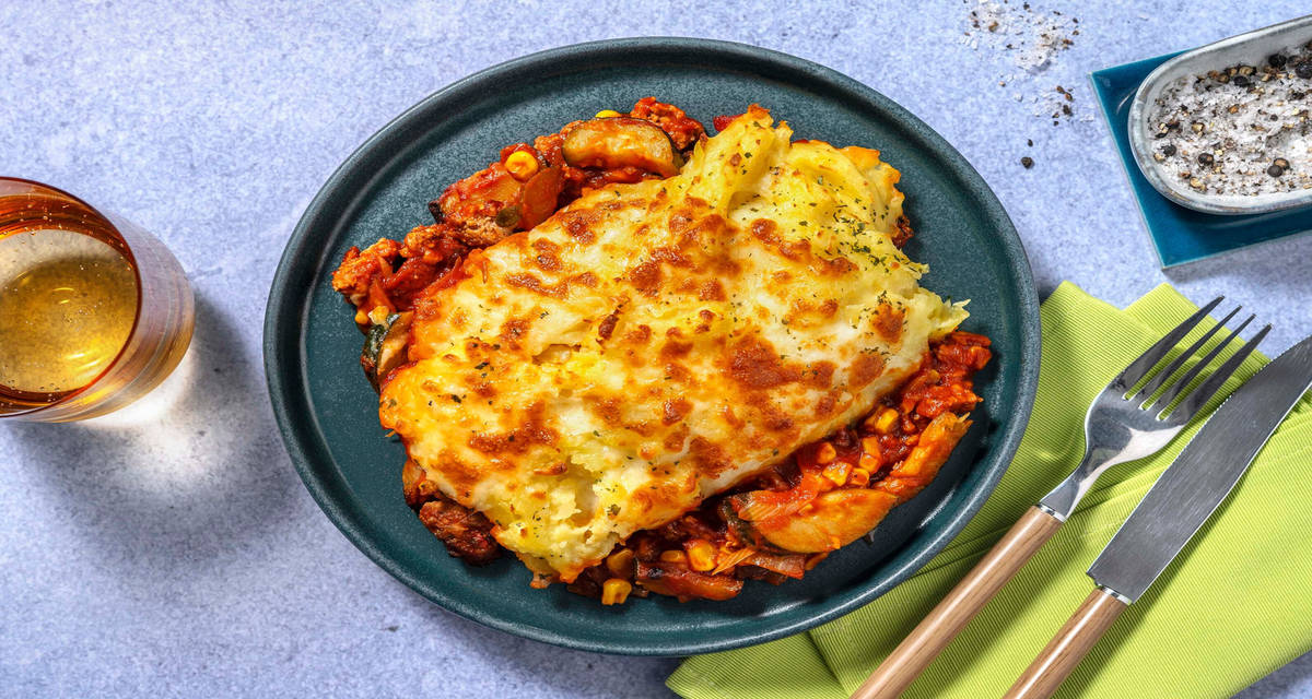 Hachis Parmentier de porc gratiné au gouda courgette, poivron et maïs