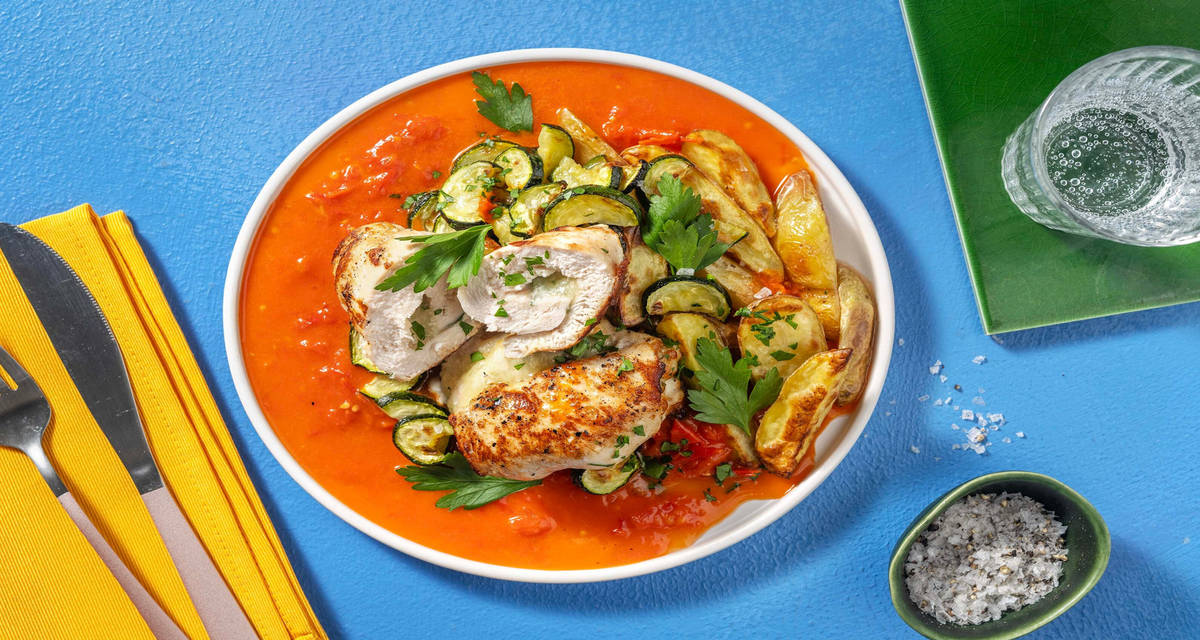 Bombette di pollo alla pugliese con pecorino, crema di pomodorini e verdure al forno