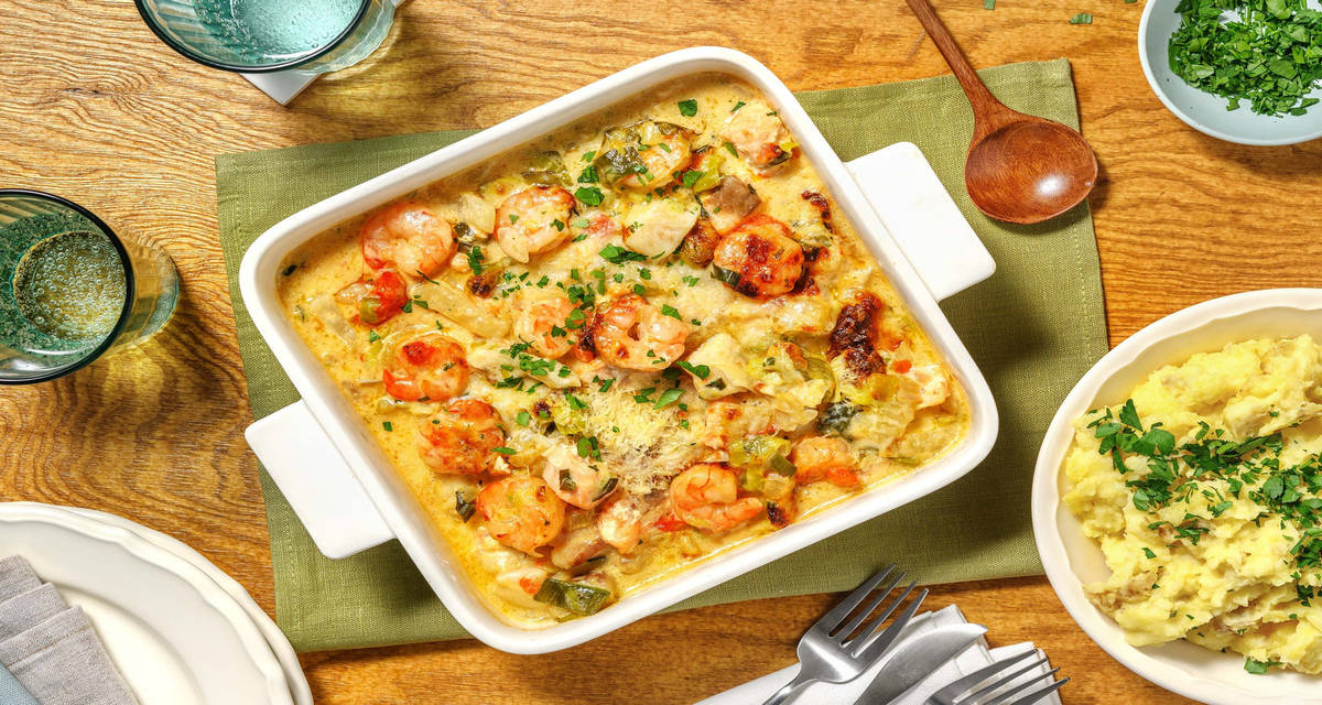 Gratin de poisson au saumon, cabillaud et crevettes poireau, fenouil et purée de pommes de terre