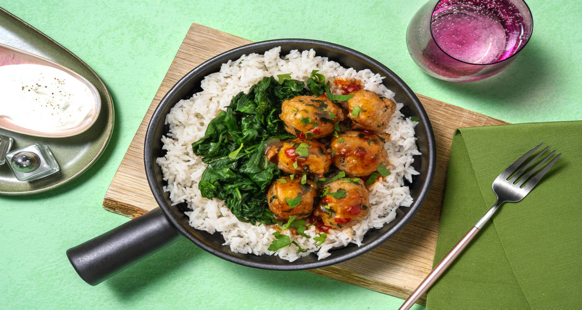 Polpettine di pollo in salsa agrodolce con riso Basmati e spinaci