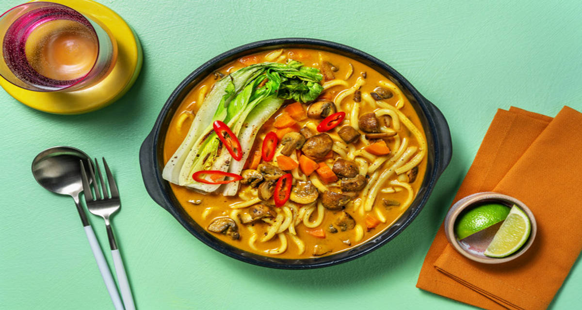 Curried Mushroom Noodles with charred garlic pak choi