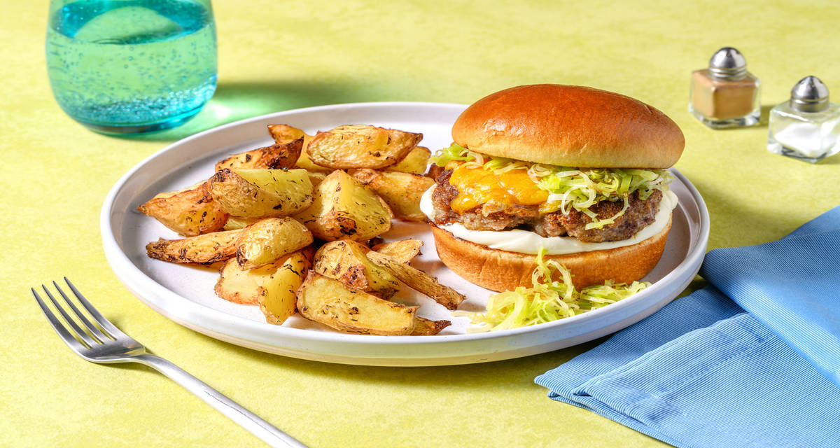 Buttered Leek Beef Burger with crispy roast potatoes