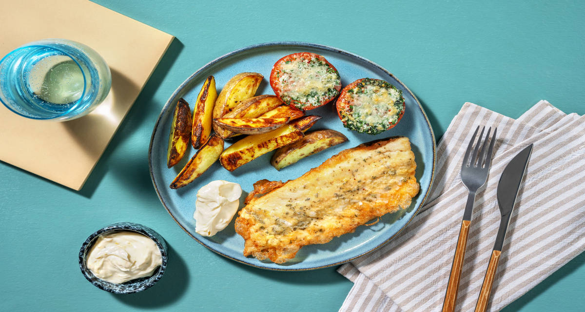 Merluza rebozada con especias mediterráneas acompañada de patatas, tomates asados y mayonesa cítrica