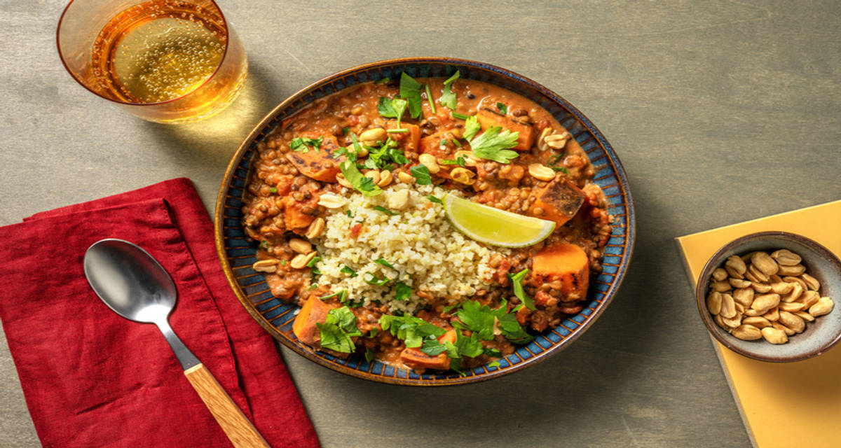 West African Spiced Peanut Stew with sweet potato and bulgur wheat