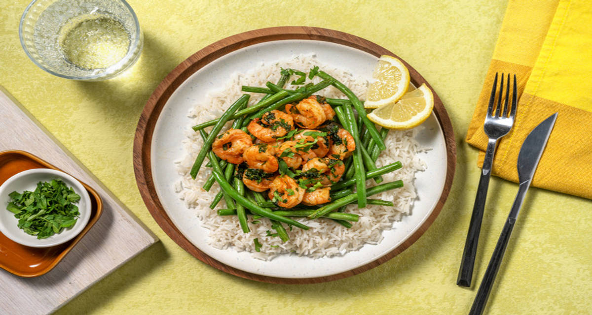 Garlic Butter Prawns with green beans and rice