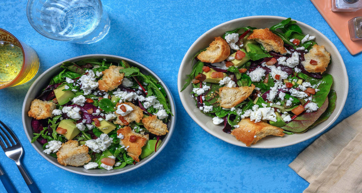 Getostsallad med honungsstekt bacon 2 portioner | med avokado och krutonger