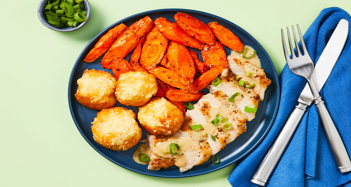 Scallion Pork & Cheesy Garlic Rolls with Crescent Rolls & Roasted Carrots