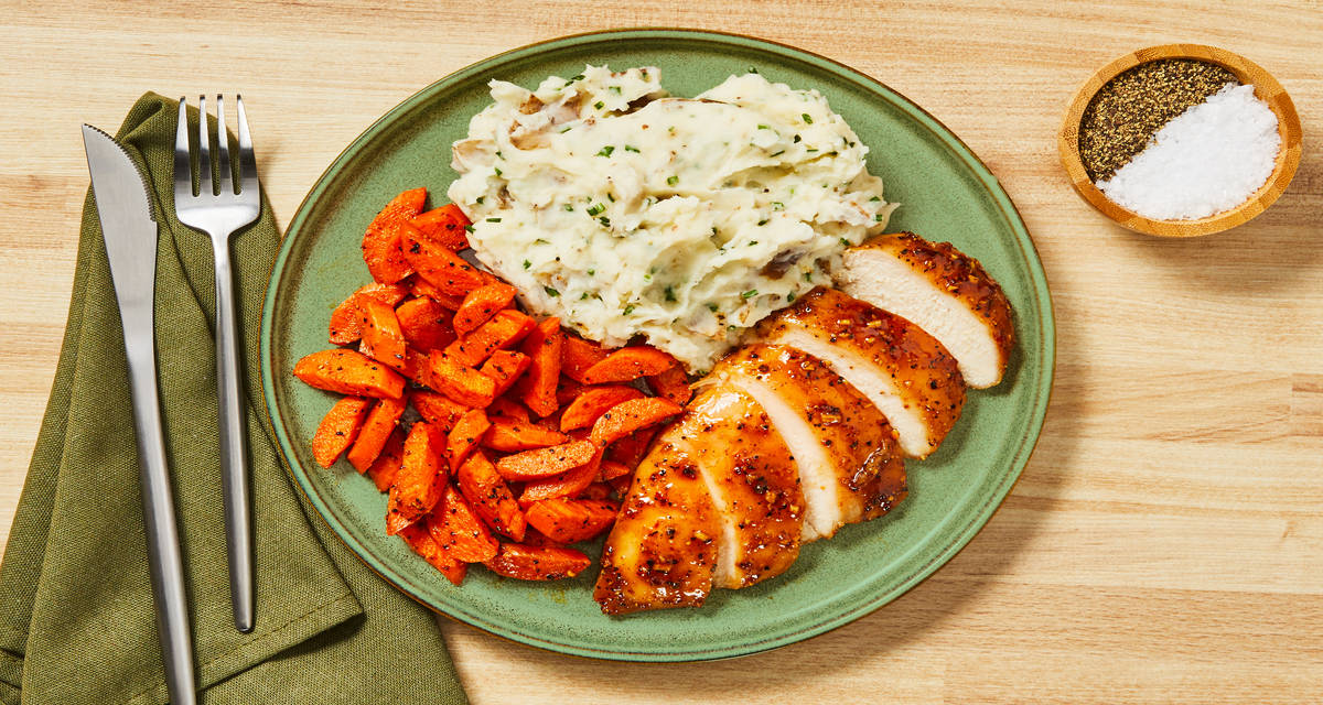 Brown Sugar Bourbon Glazed Chicken with Smoky Roasted Carrots & Chive Mashed Potatoes