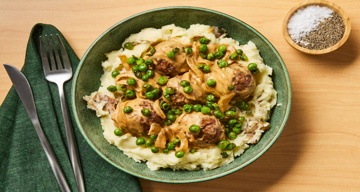 Meatballs & Creamy Onion Gravy with Charred Asparagus & Mashed Potatoes
