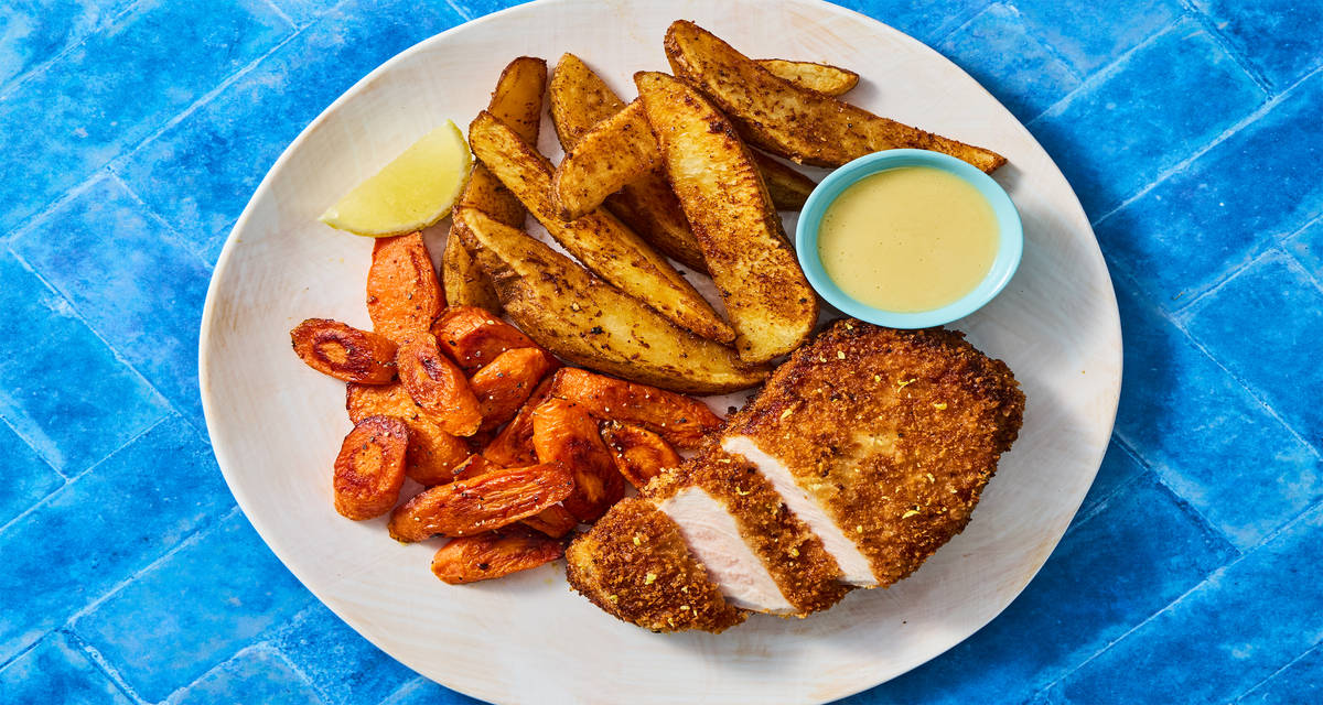 Pork Schnitzel with Roasted Carrots & Potatoes plus a Creamy Mustard Sauce