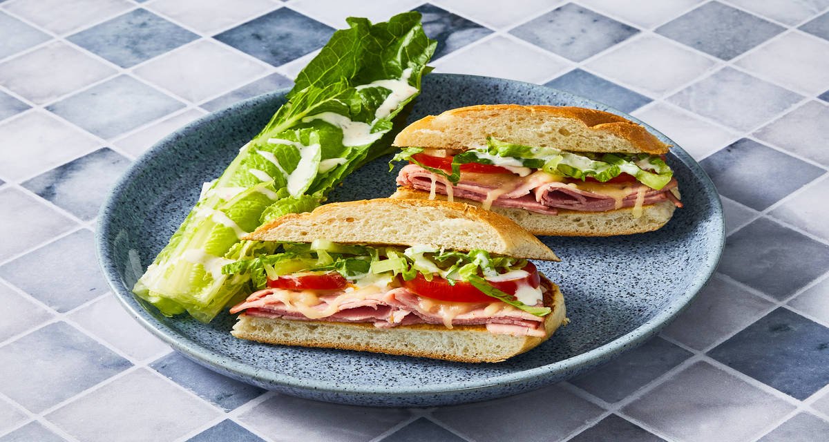 Smoked Ham & Cheese Subs with Romaine Wedge Salad & Creamy Italian Dressing