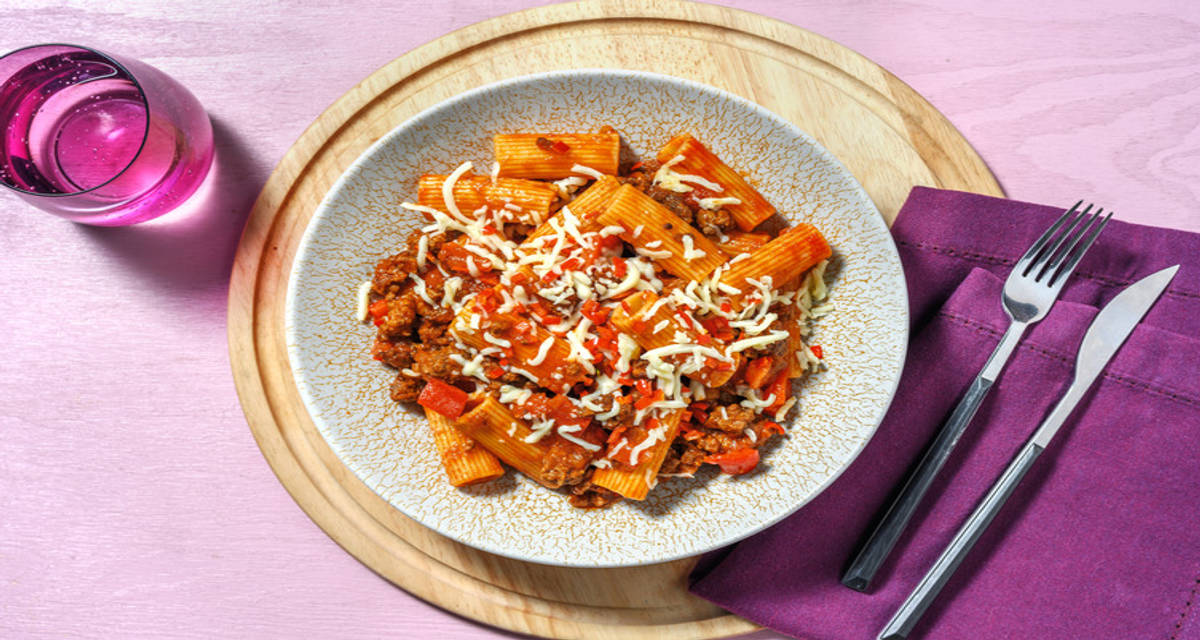 BBQ Beef Ragu Rigatoni with fresh chilli and melted cheese