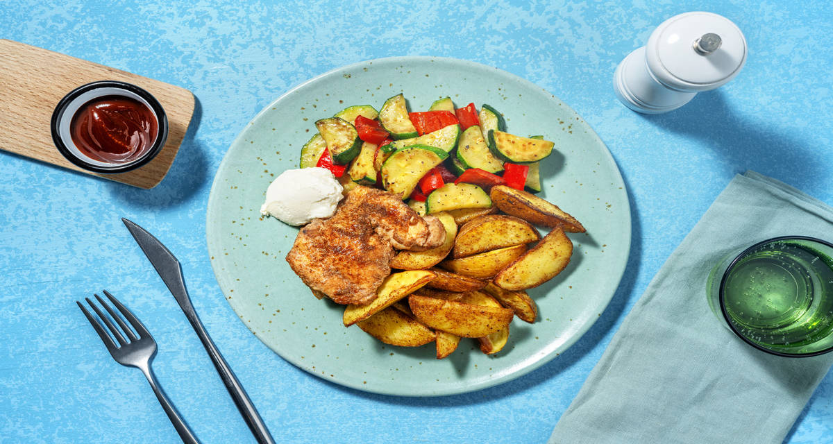 Muslos de pollo al horno a la barbacoa con verduras salteadas y patatas asadas