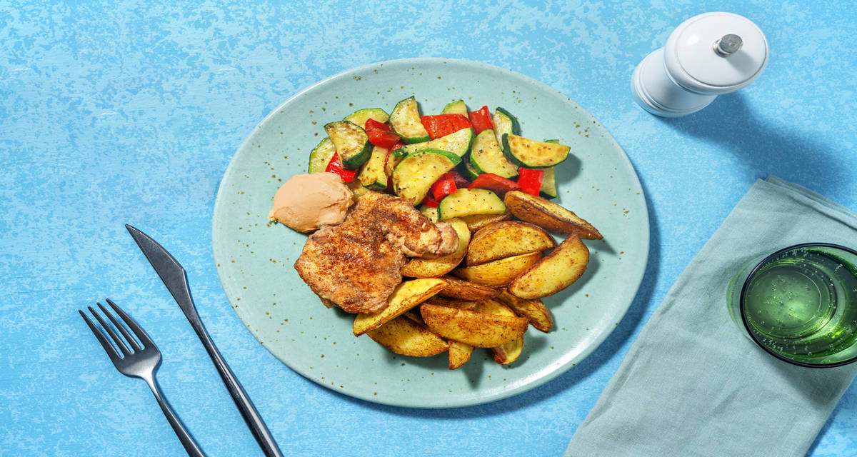 Muslos de pollo al horno a la barbacoa con verduras y patatas asadas