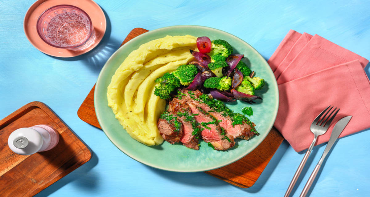 Beef Rump in Garlic Parsley Butter with tender broccoli and mashed potato