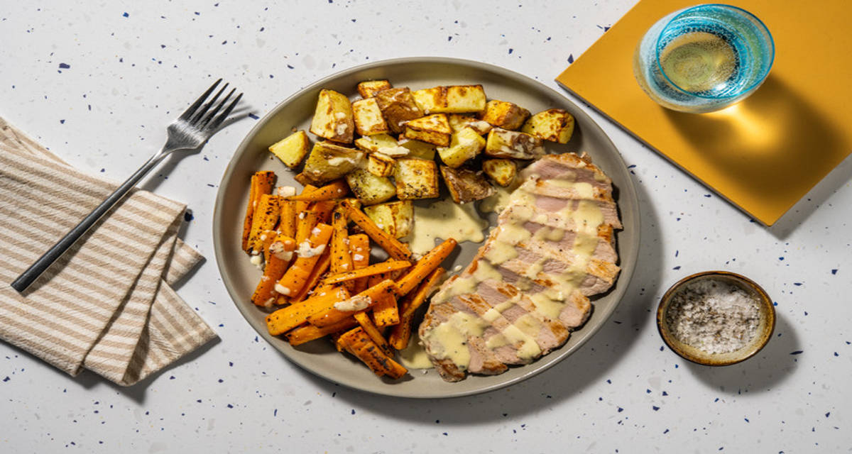 Pork in Mustard Sauce with roast potatoes and carrots