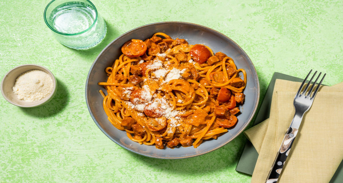 Chorizo, Chicken and Cherry Tomato Linguine with paprika and Italian cheese
