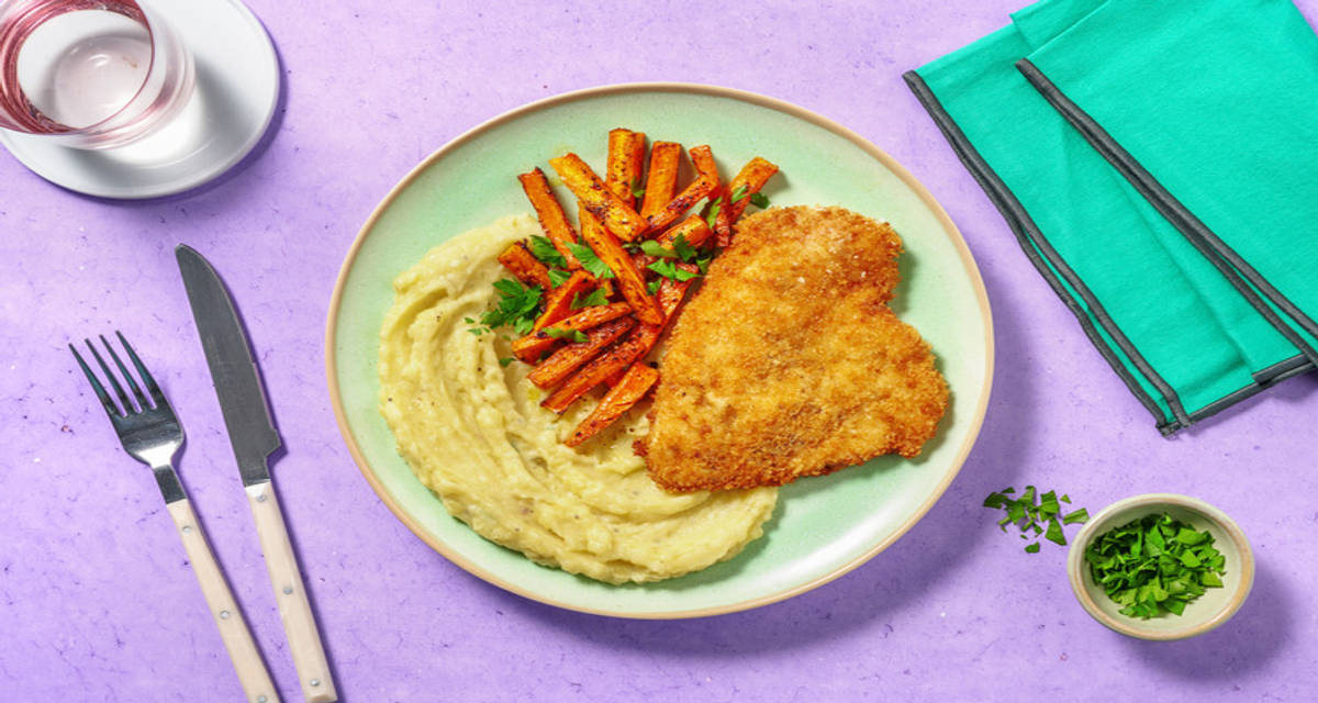 Golden Crumbed Chicken with creamy mash and carrots