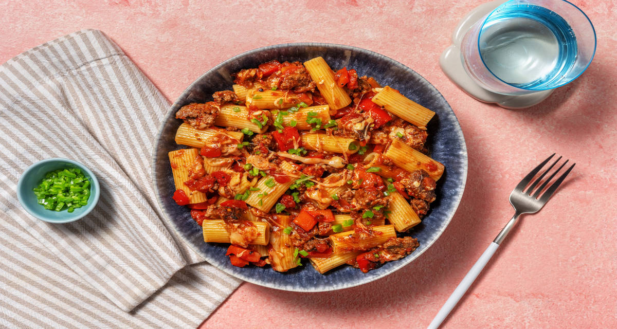 Rigatoni con ragú de ternera con salsa de tomate a la barbacoa