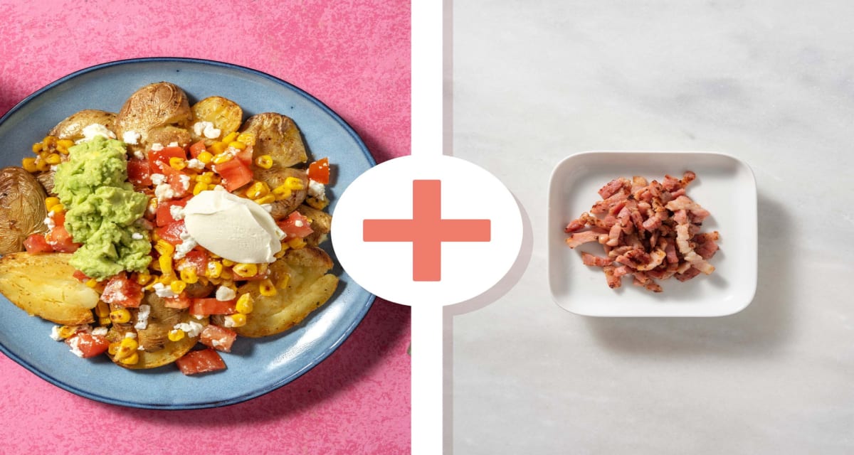 Loaded Honey Peri Peri Bacon Smashed Potatoes with Charred Corn Salsa, Greek Style Cheese and Guacamole-image