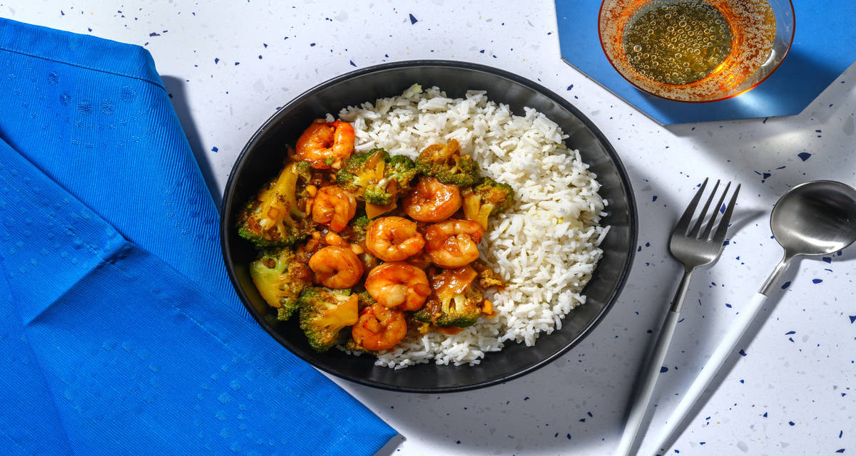 Honey Ginger Chicken with stir-fried broccoli and jasmine rice